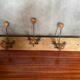 Old wooden wall coat rack + 3 wrought iron hooks & vintage wooden ball