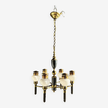 Empire style chandelier in white opaline glass, gold and black metal with six arms of light