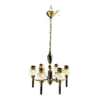 Empire style chandelier in white opaline glass, gold and black metal with six arms of light
