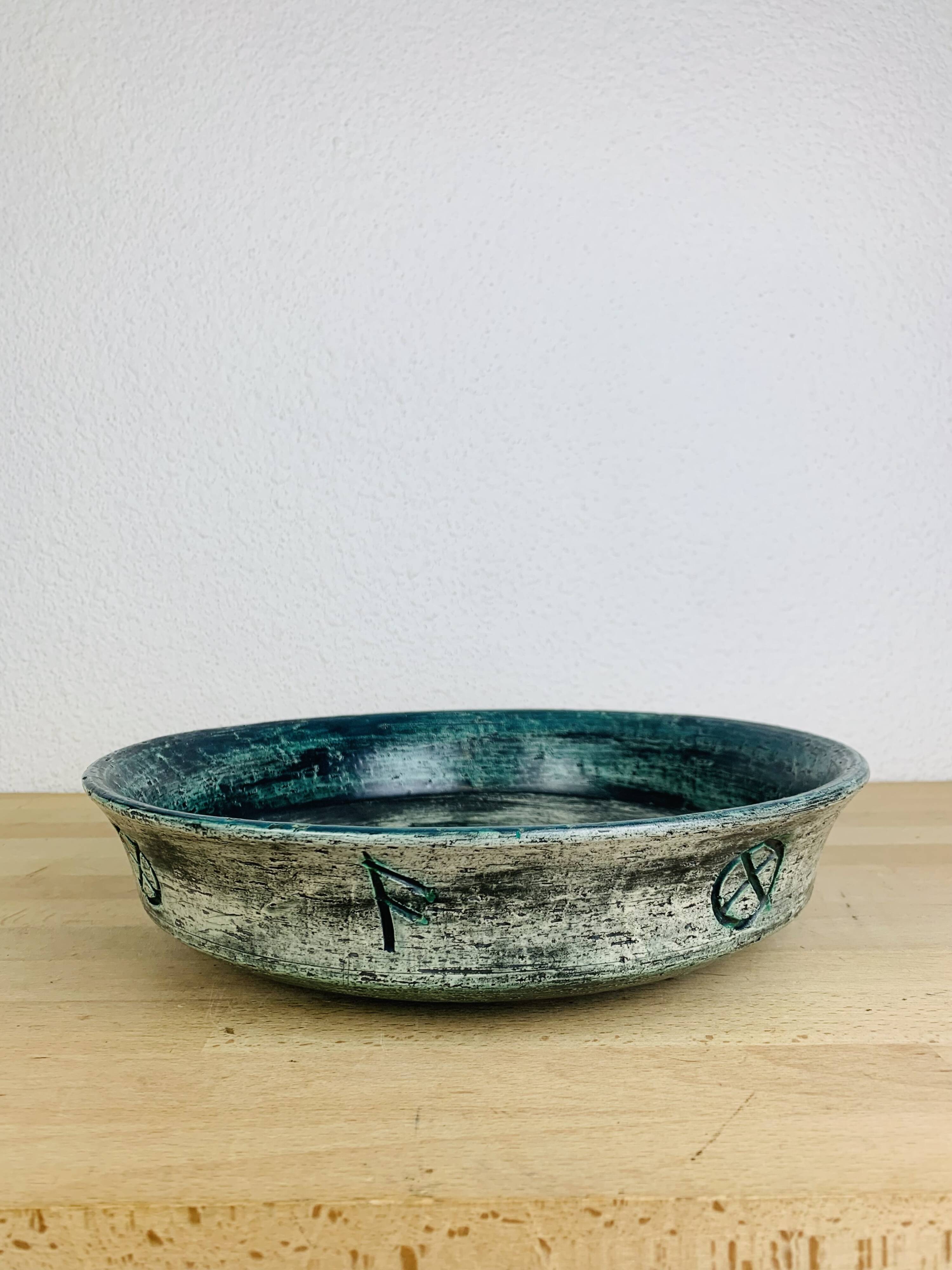 Round blue ceramic dish signed Arol Norway