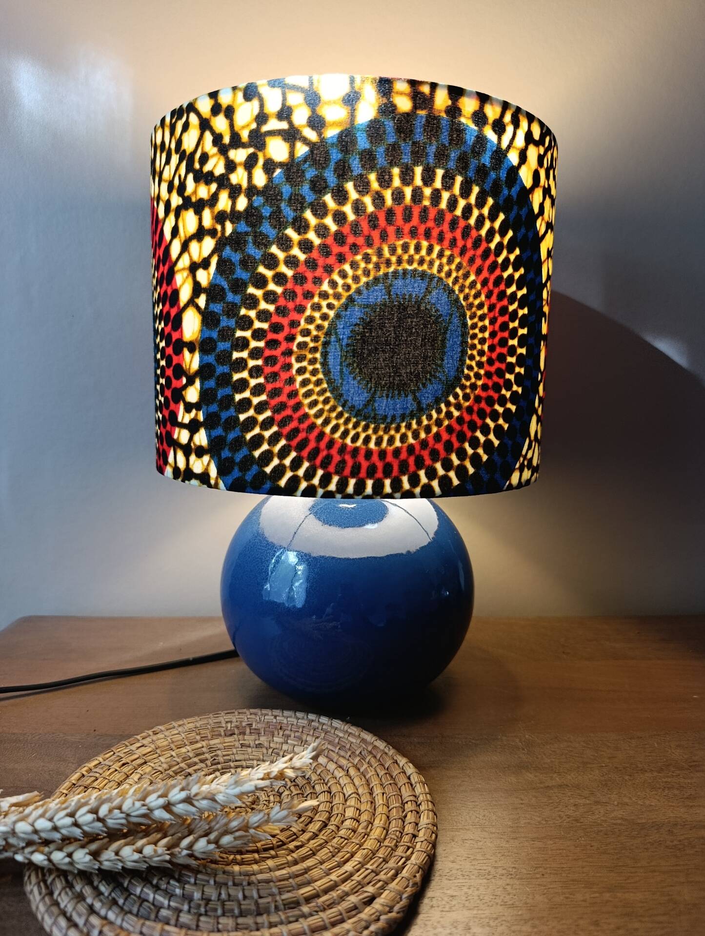 blue ceramic lamp | ethnic printed wax lampshade