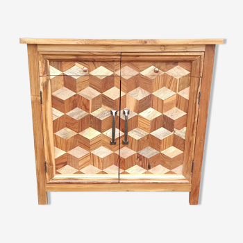 Commode marqueterie en bois, deux portes, deux tiroirs