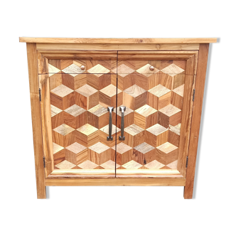 Commode marqueterie en bois, deux portes, deux tiroirs