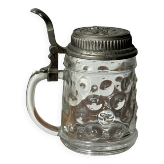 Chope de bière alsacienne avec couvercle figuratif en étain