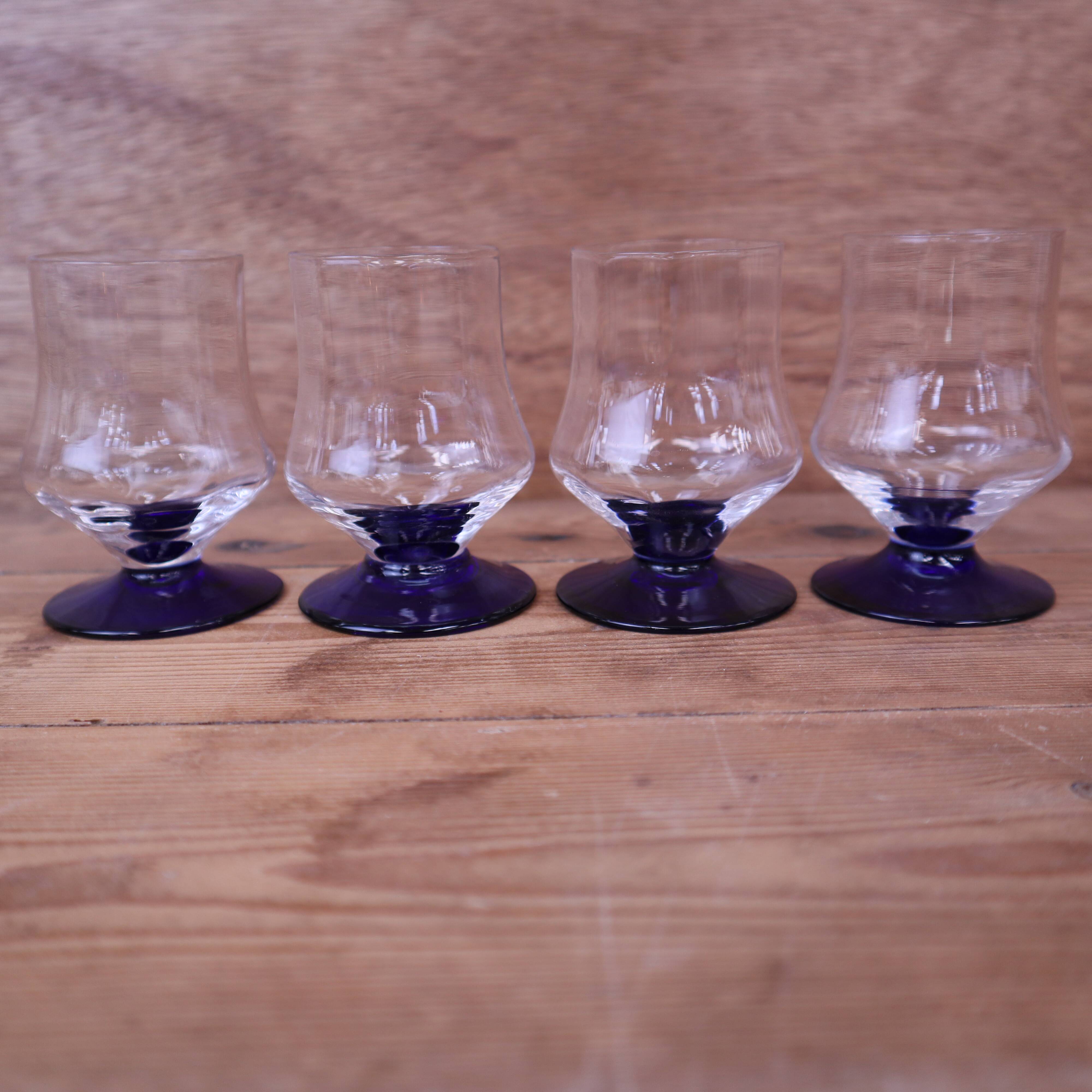 4 vintage aperitif glasses with blue stems, France 1940.