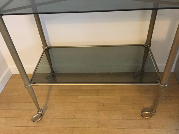 Meuble des années 70 Desserte à roulettes en verre et laiton
