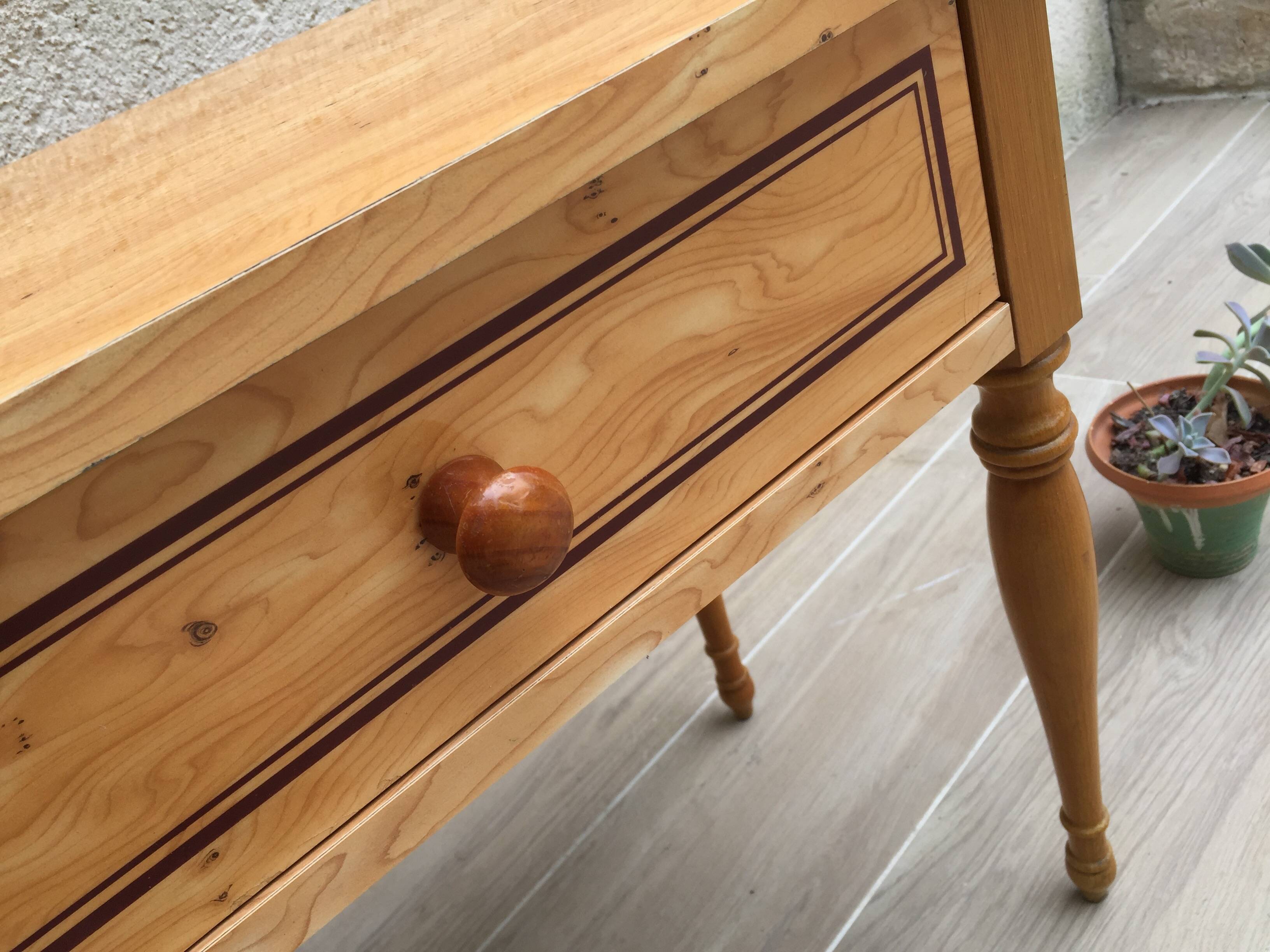 Formica and vintage wood bedside table