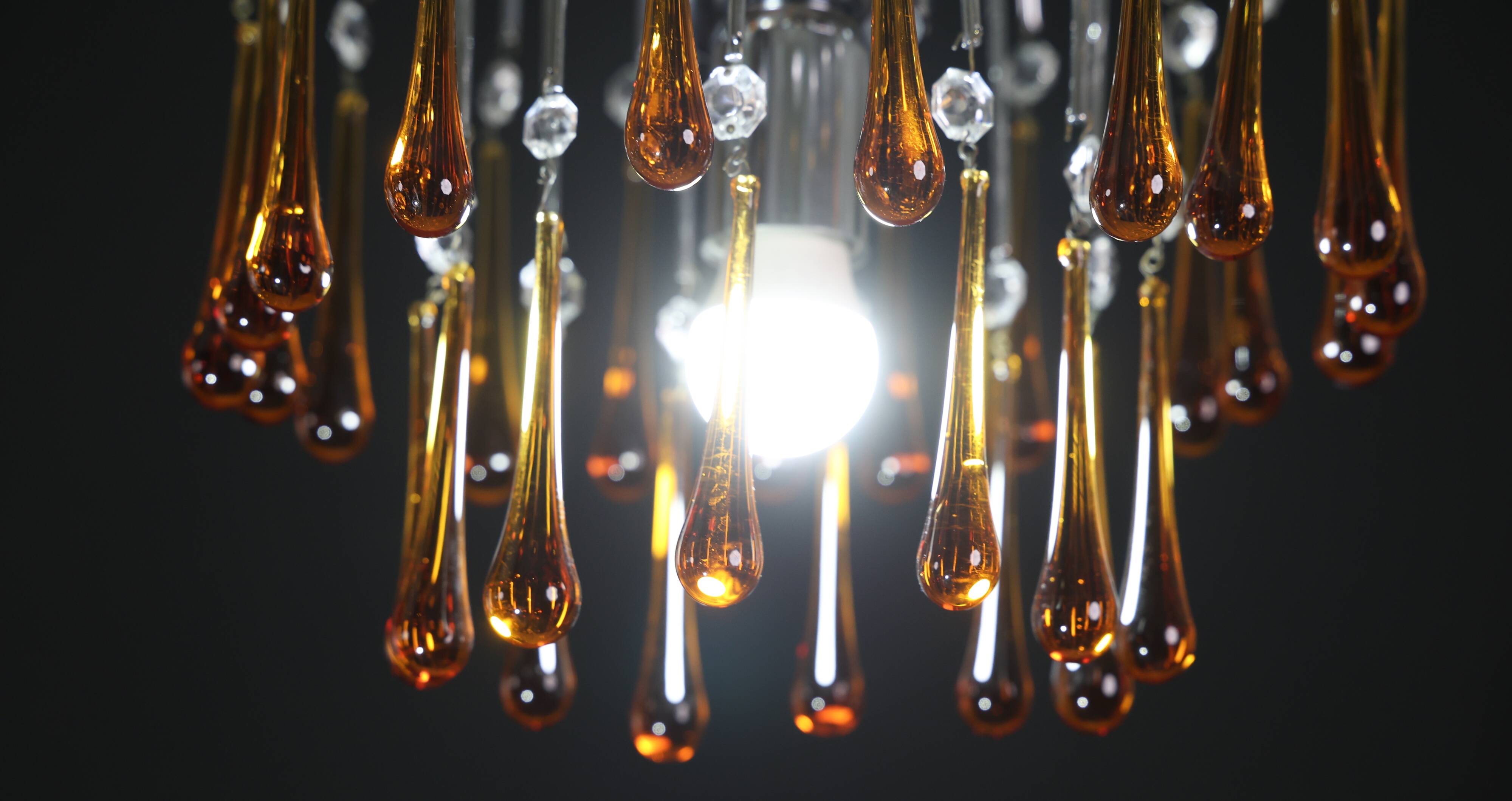 The Amber Crown, Murano Chandelier Amber and Crystal Drops, 1970s