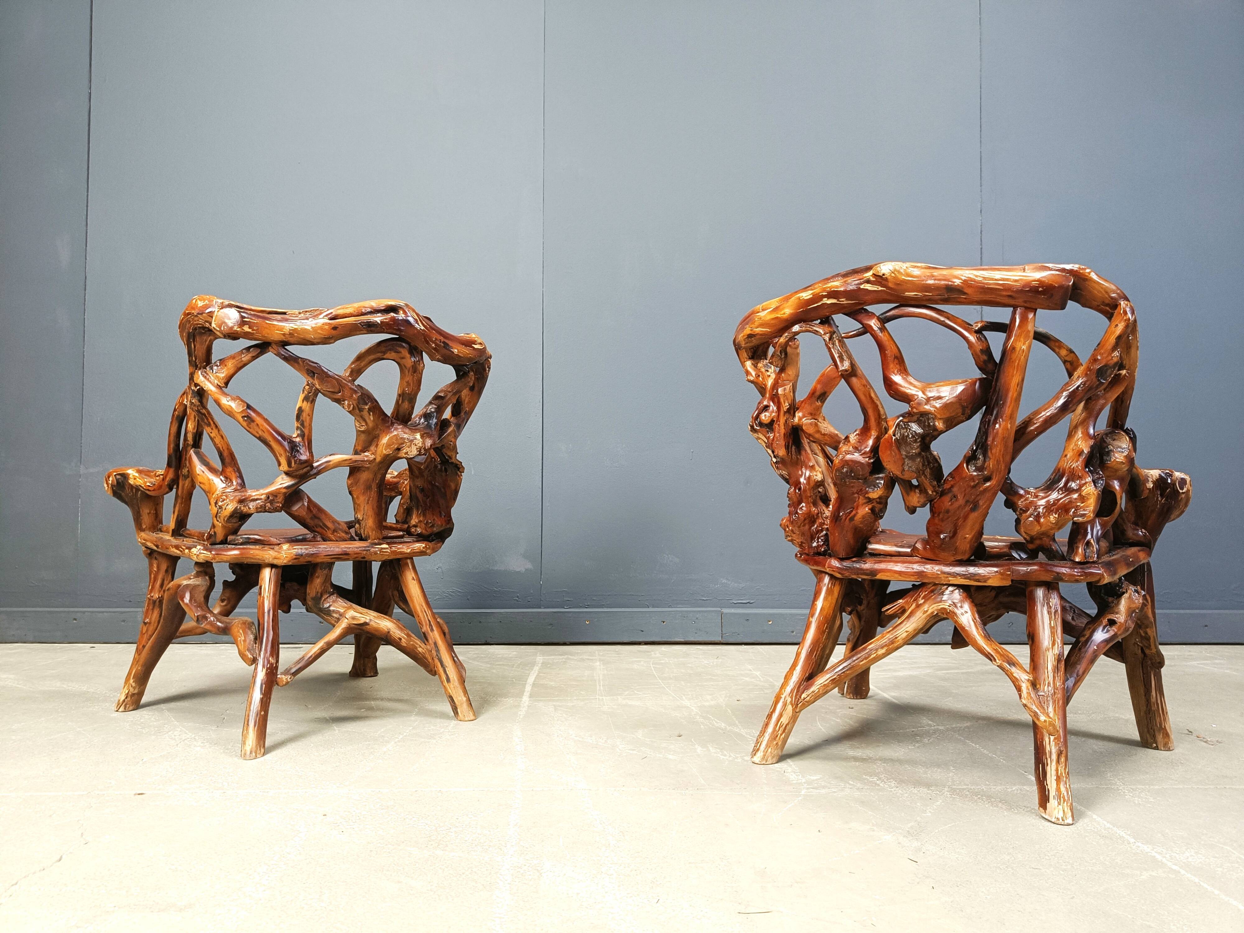Rustic wood and knotted root armchairs, set of 4 - 1960s