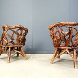 Rustic wood and knotted root armchairs, set of 4 - 1960s