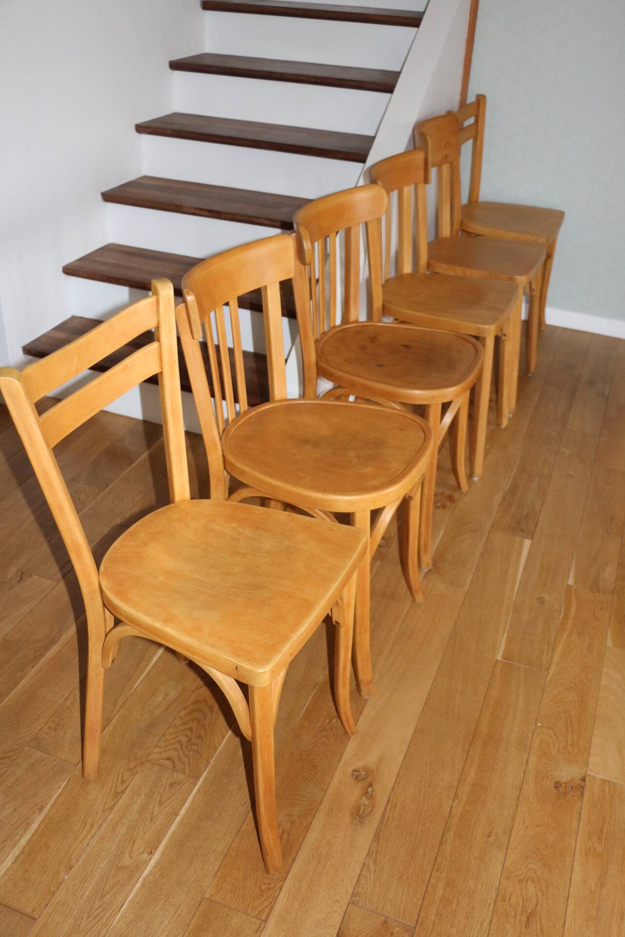 Set of 6 Baumann chairs, light beech, 1960