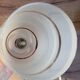 Mid century art deco pendant light fixture, gold striped glass, azure blue