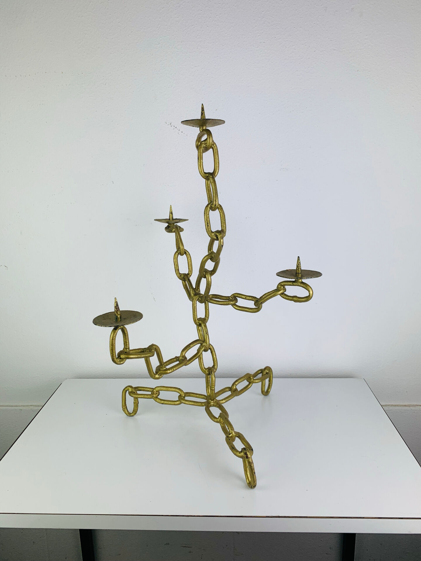 Brutalist candle holder, wrought iron, chain links, gold patina.