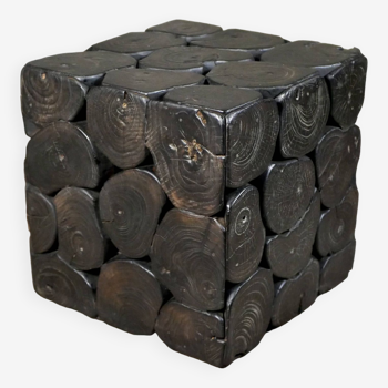 Brutalist cubic side table in dark wood