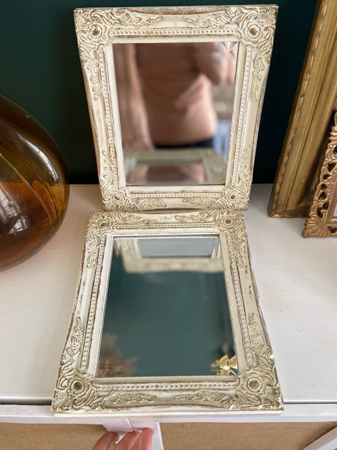 Set of two pretty mirrors in white, beige, and gold tones. Bohemian
