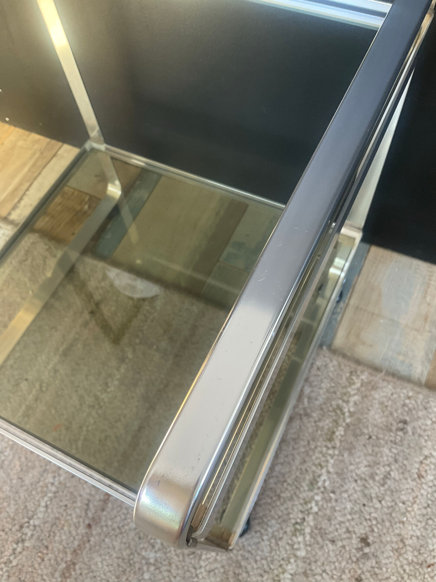 Space Age side table in aluminium and smoked glass