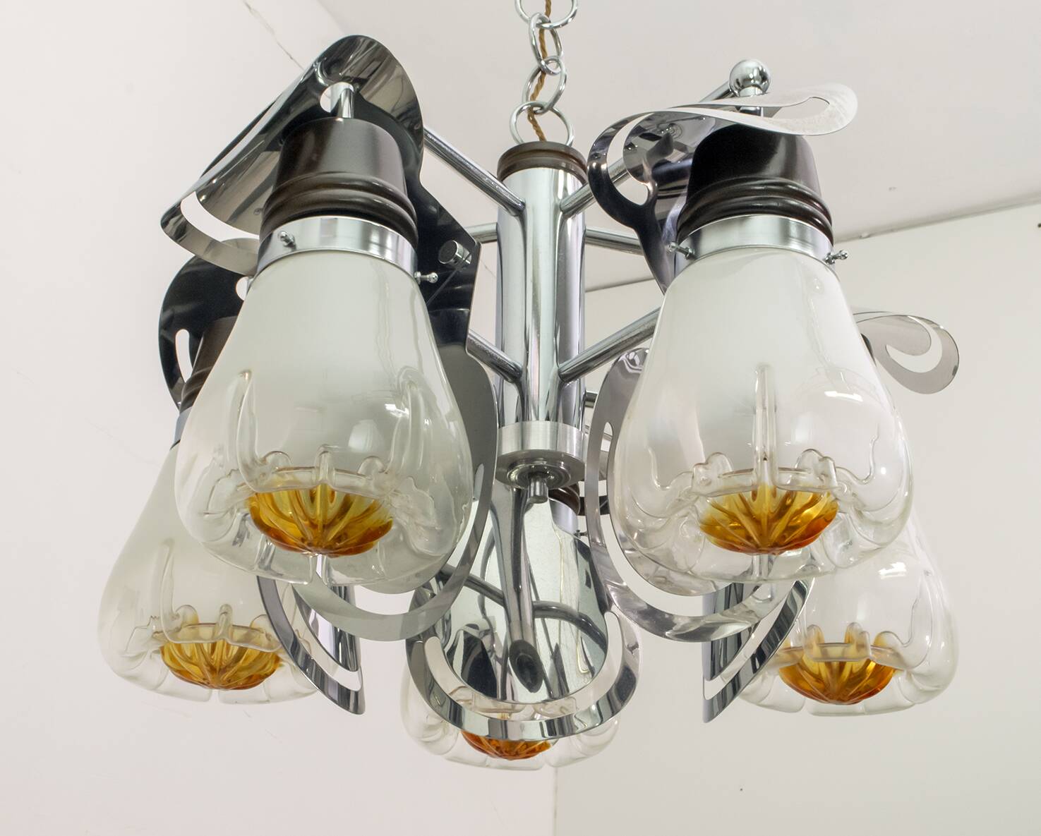 Mazzega Mid-Century Modern Italian Murano Glass and Steel Chandelier, 1970s