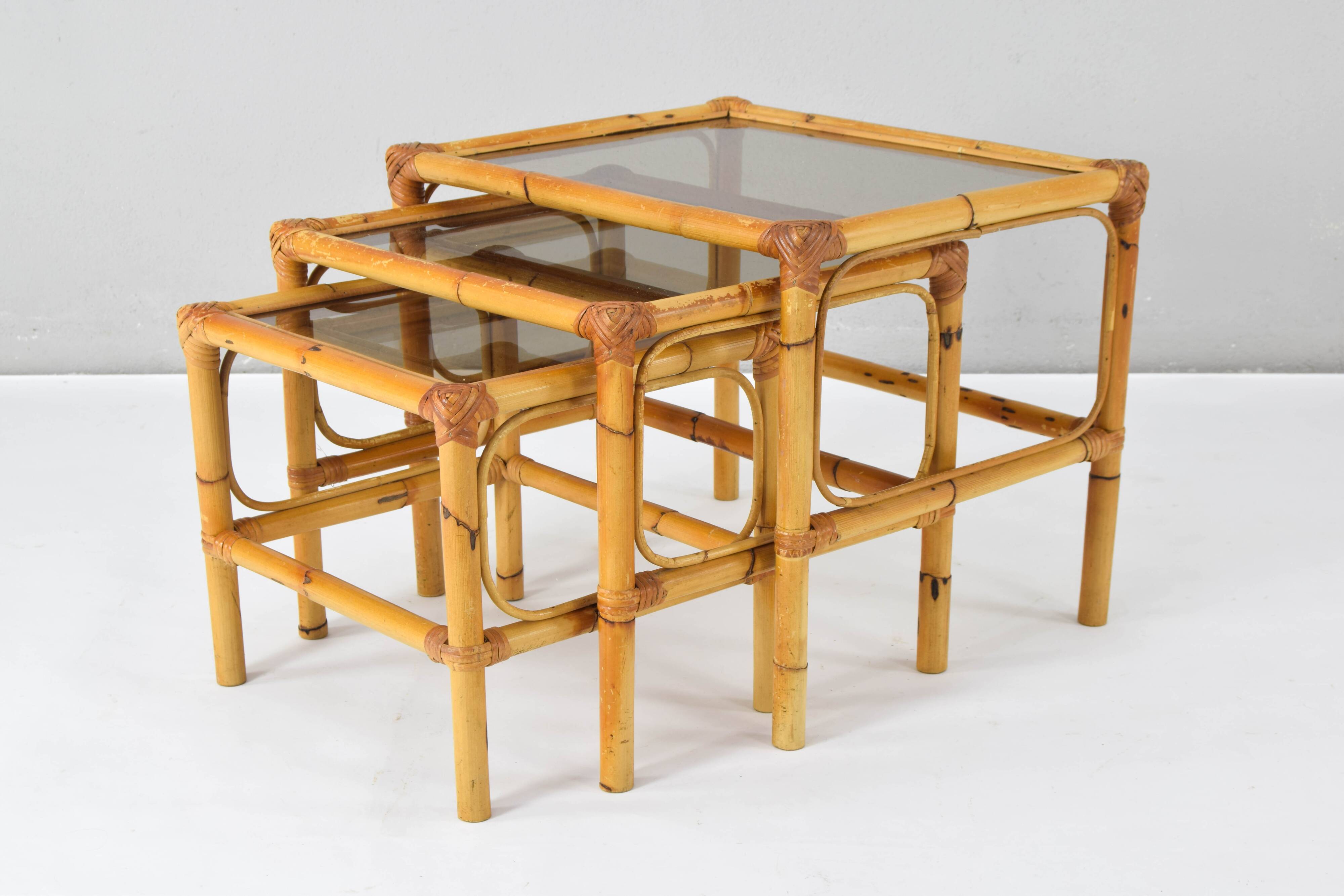 Set of three bamboo and smoked glass nesting tables Spain 70s