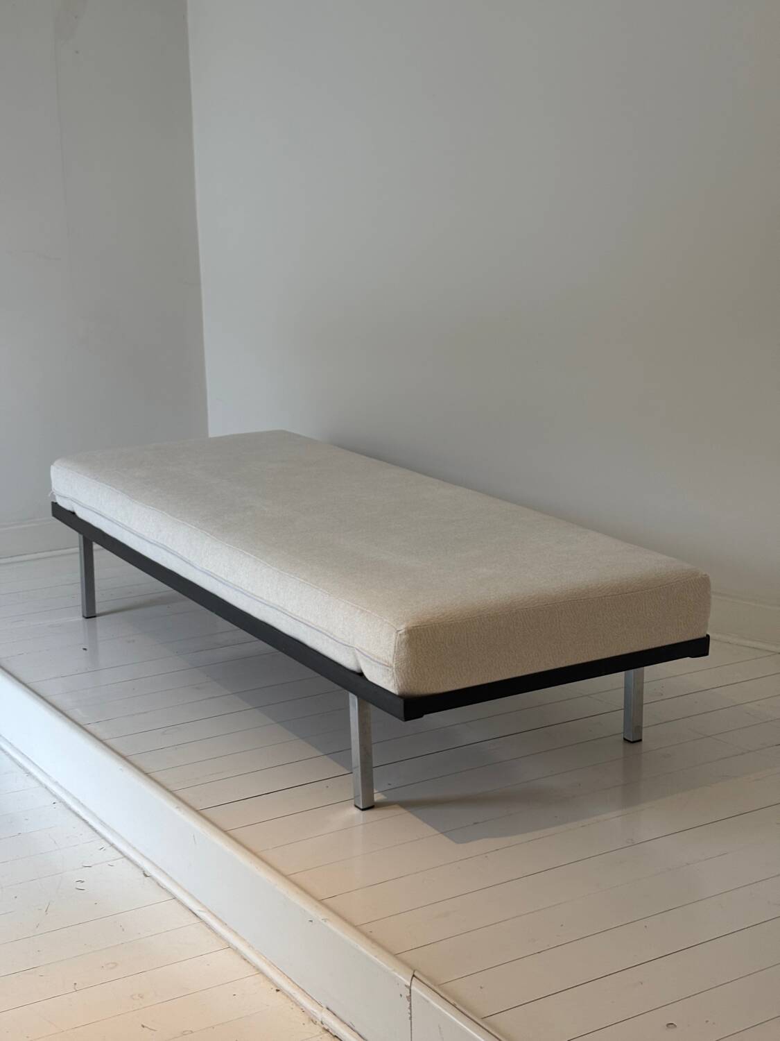 Modernist canapé design – Completely reupholstered in Pierre Frey fabric.