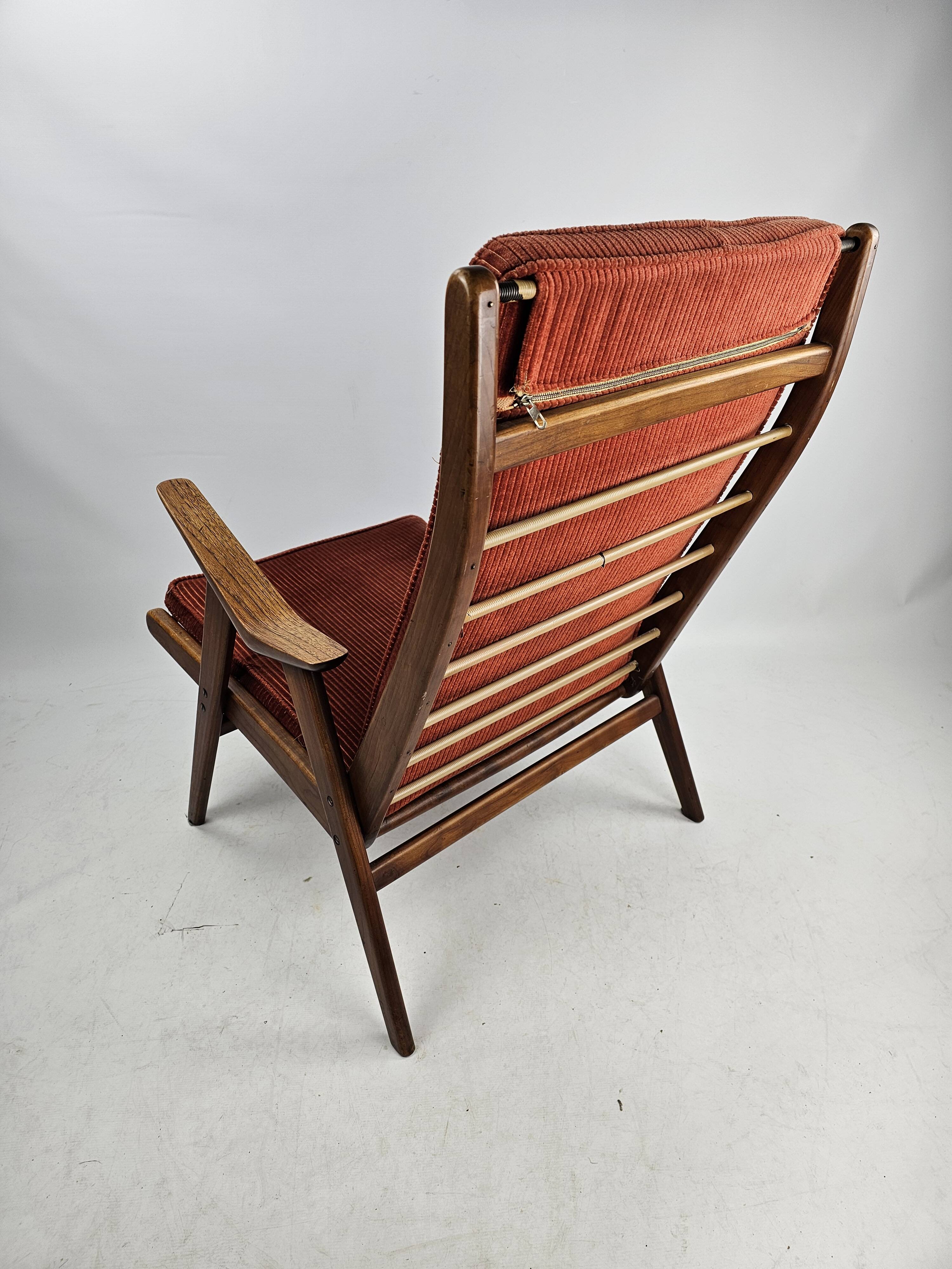 Teak armchair with red ribbed fabric Gelderlander Rob Parry