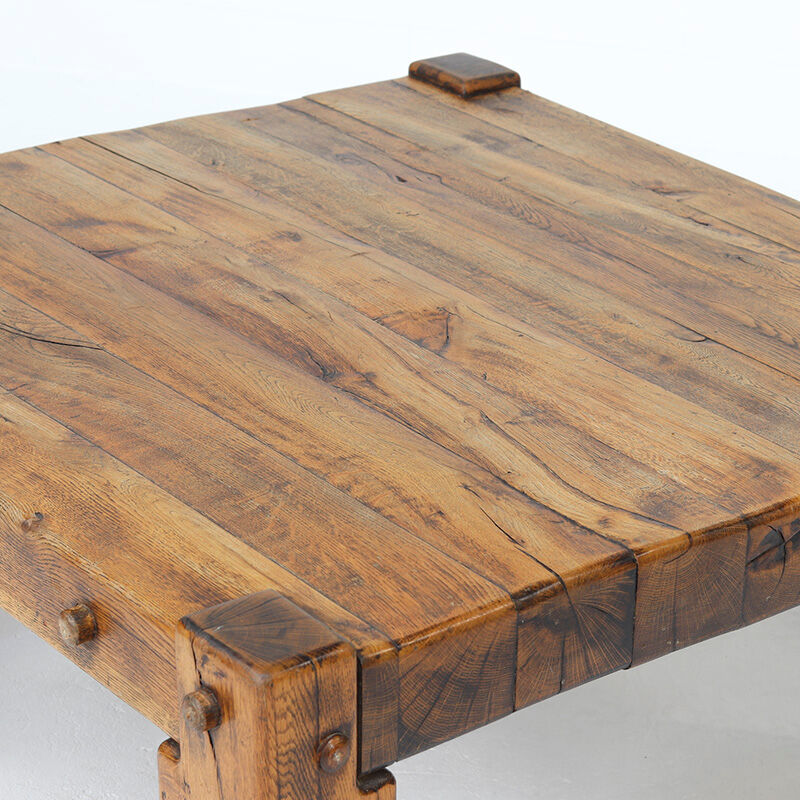 Table basse brutale vintage du milieu du siècle en chêne