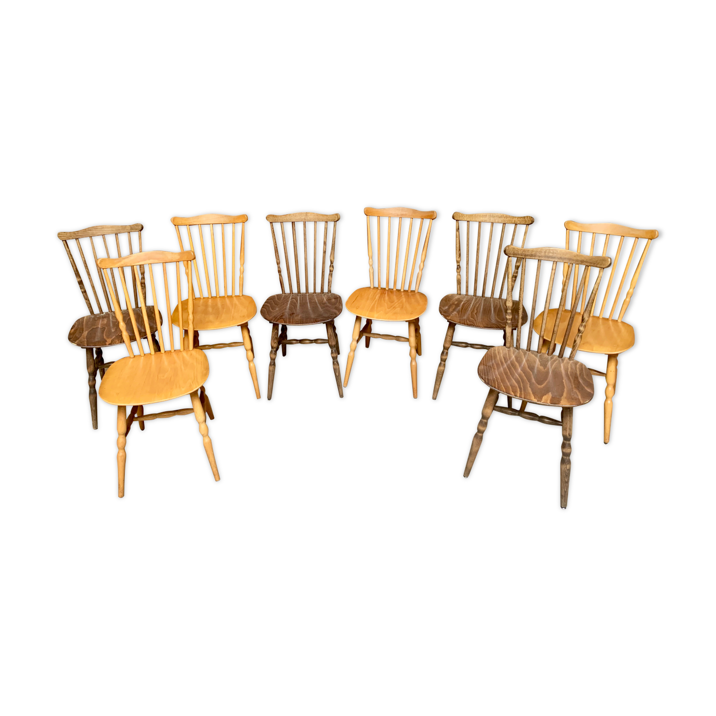 Series lot of 8 chairs bistrot Baumann modele menuet light wood dark wood