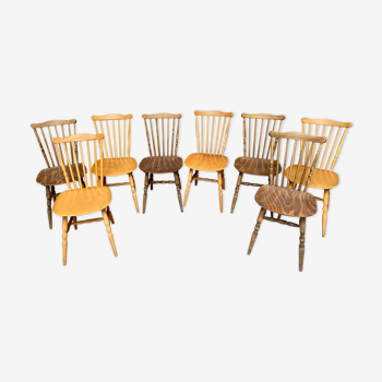 Series lot of 8 chairs bistrot Baumann modele menuet light wood dark wood