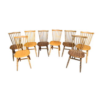 Serie lot de 8 chaises bistrot Baumann modèle menuet bois clair bois fonce