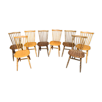 Series lot of 8 chairs bistrot Baumann modele menuet light wood dark wood