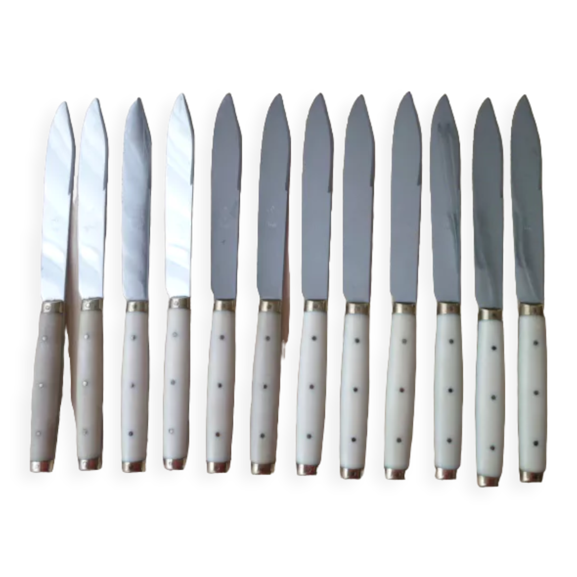 Set of 12 vintage stainless steel bakelite and brass table knives