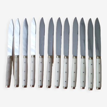 Set de 12 couteaux de table vintage inox bakélite et laiton