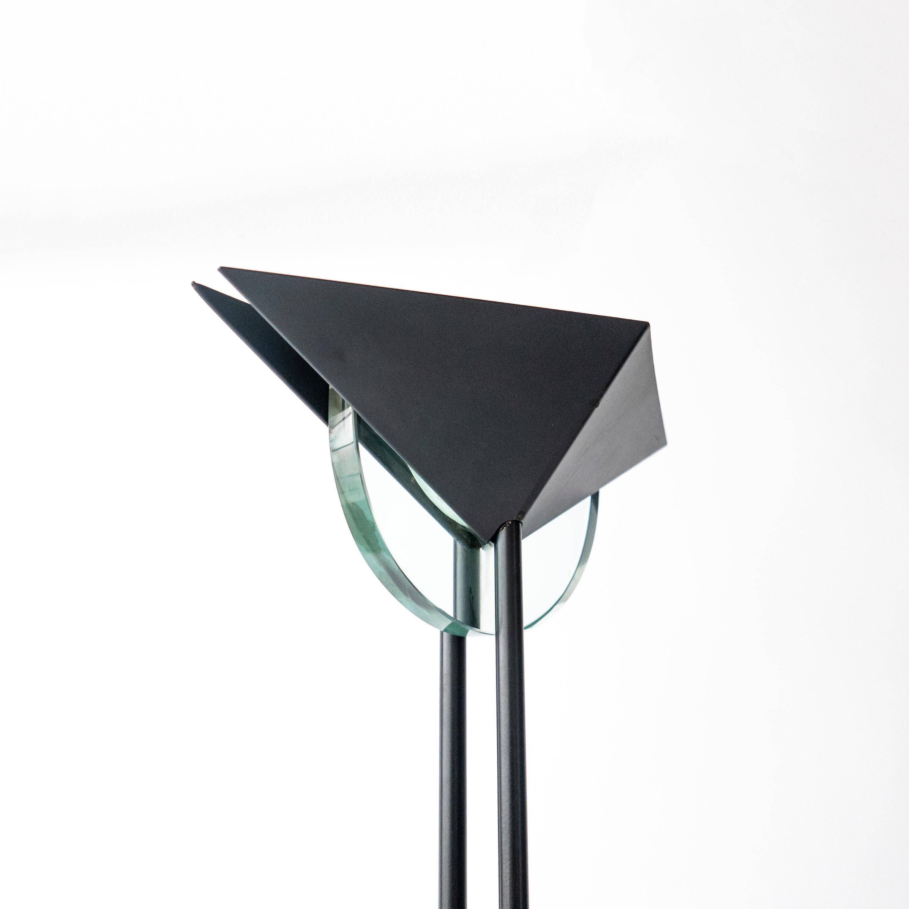 Vintage 1990s Fontana Arte Style Floor Lamp in Black Metal and Light Blue Glass