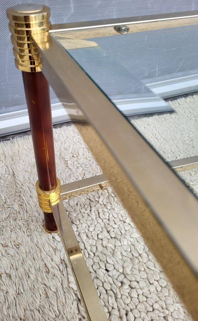 Gold glass coffee table with tobacco-colored legs, 1970s design