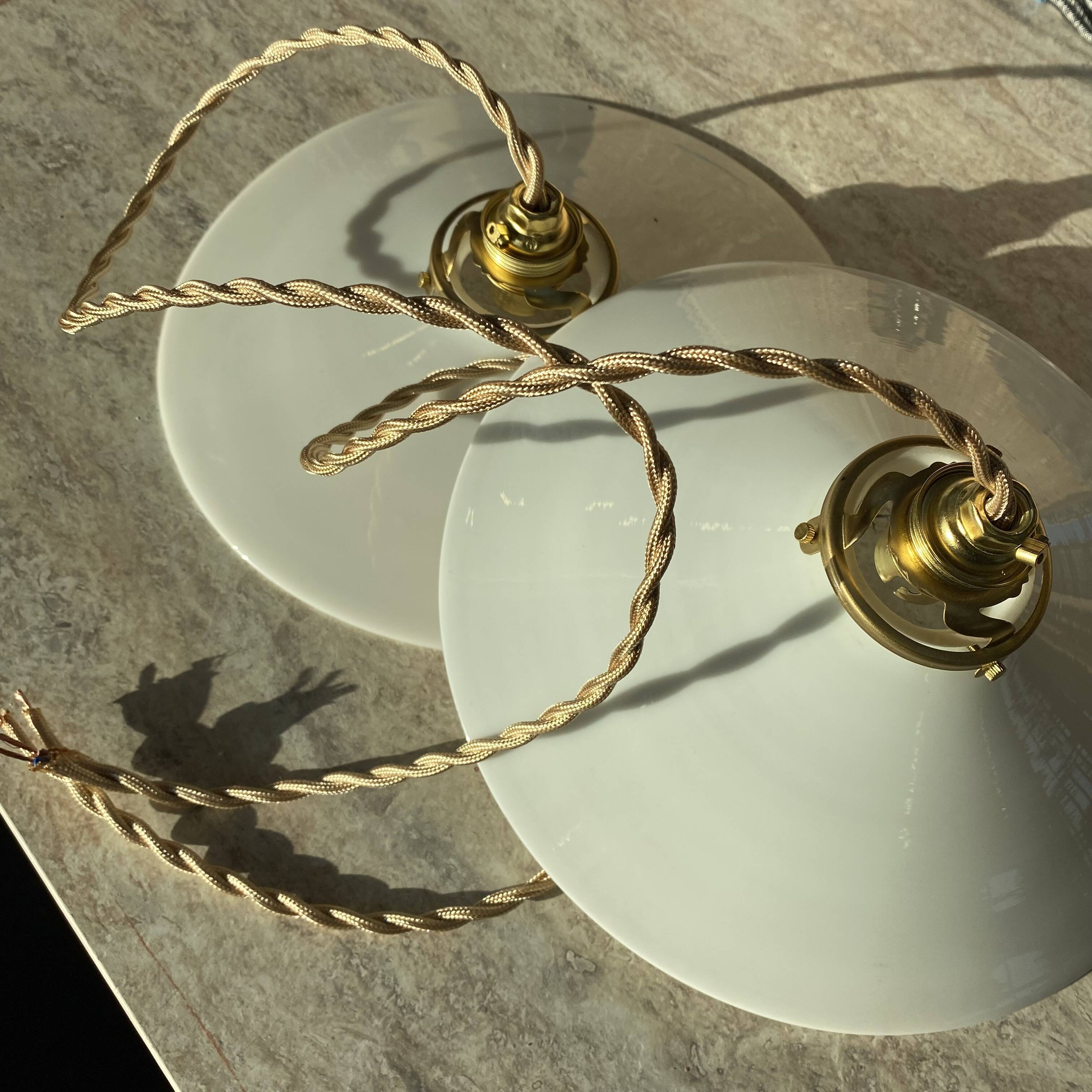 Pair of vintage white opaline pendant lights