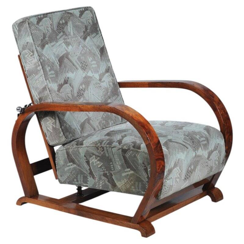 Czech Art Deco Walnut and Chrome Reclining Armchair, 1930s