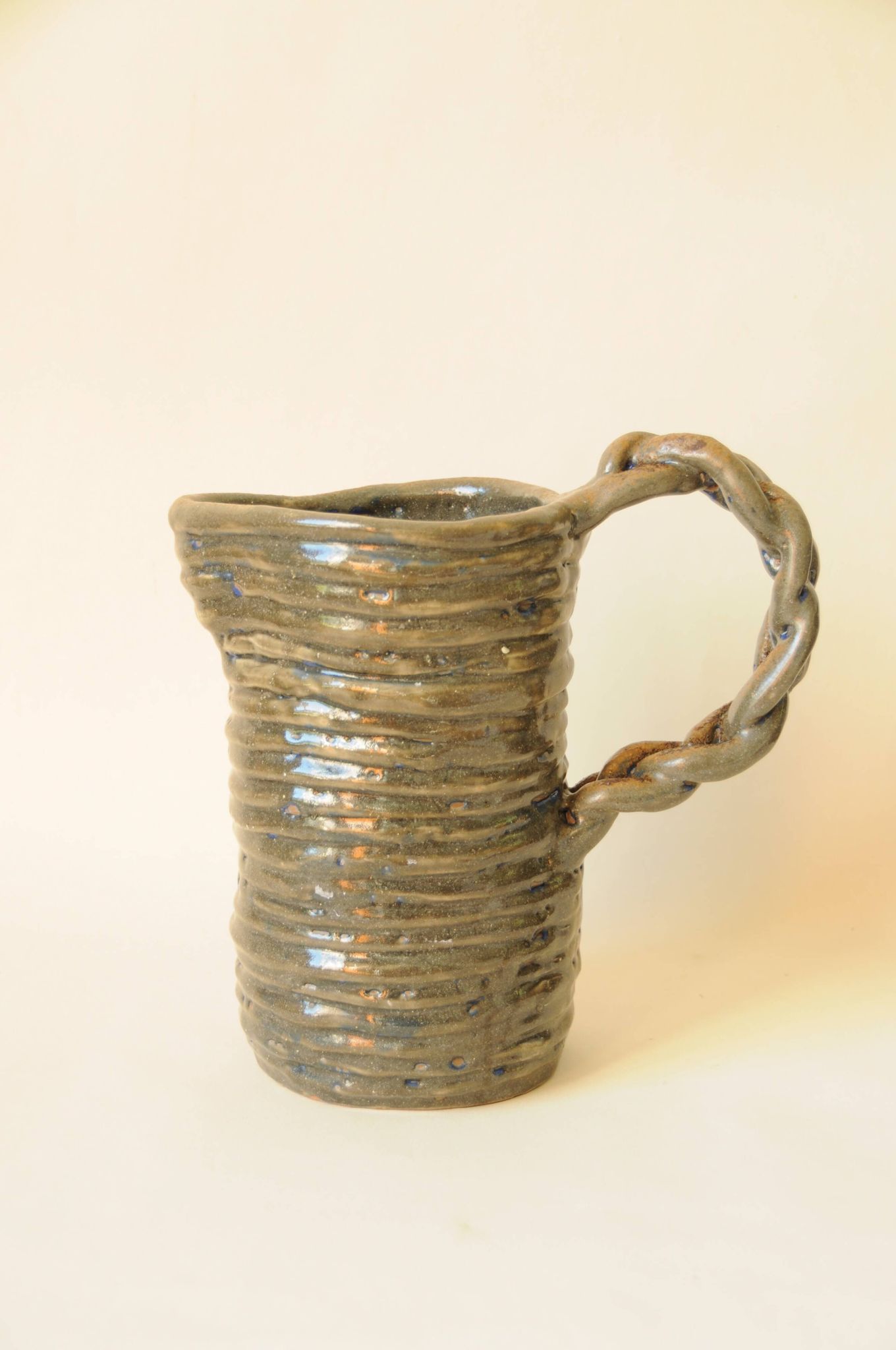 Boudin pitcher with twisted handle - Grey blue stoneware pottery