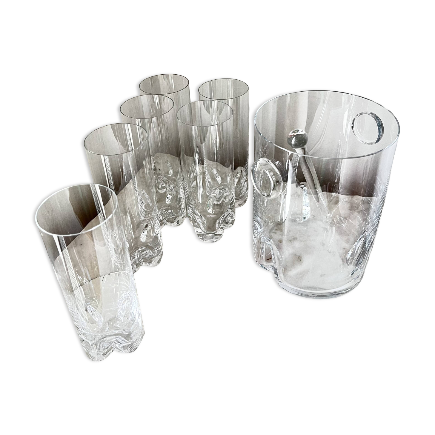 Vintage Bohemian Crystal Ice Bucket & 6 Glasses, Czech Rep. 80s
