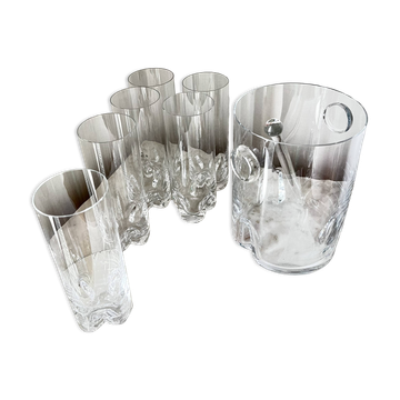 Vintage Bohemian Crystal Ice Bucket & 6 Glasses, Czech Rep. 80s