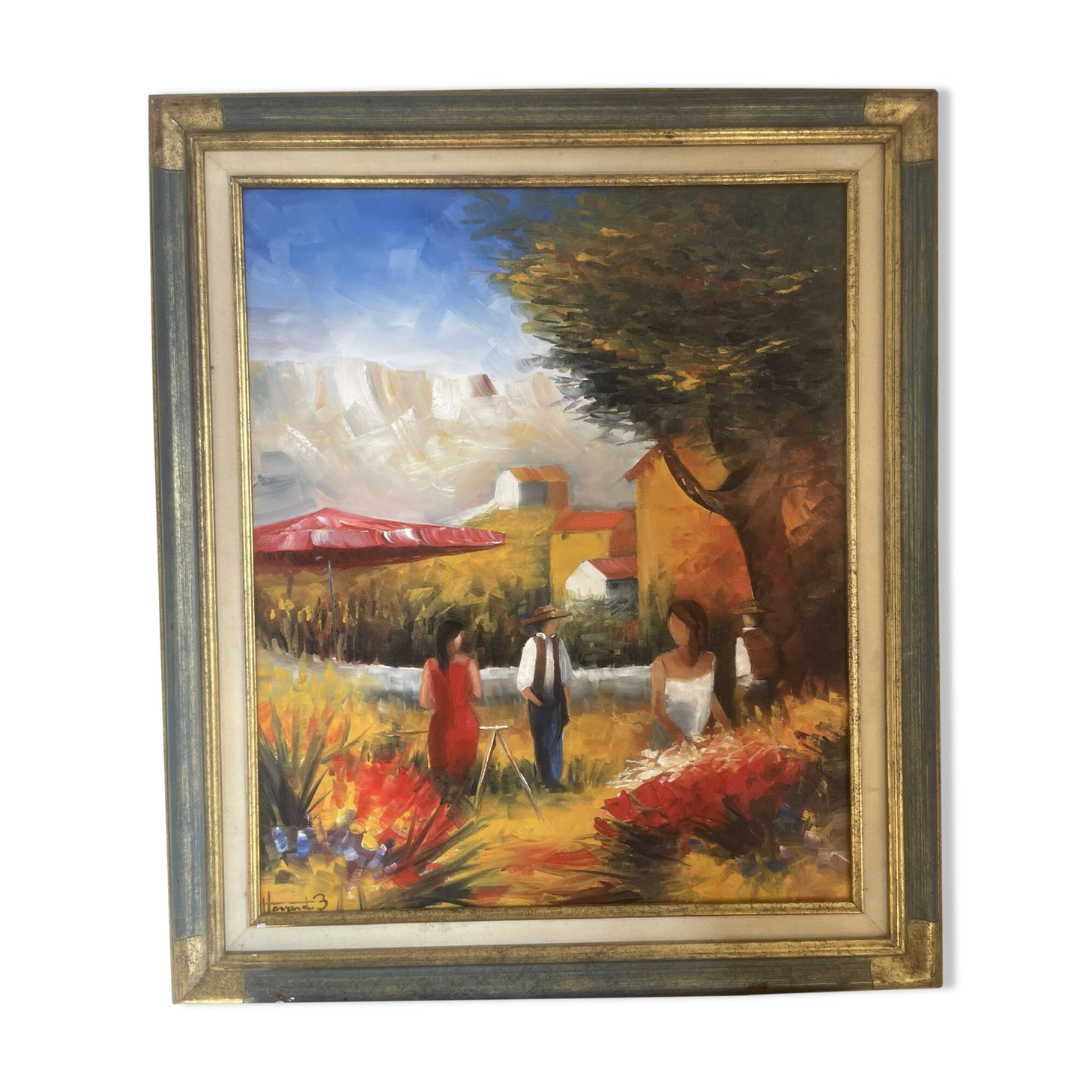 Old Oil Painting Canvas Landscape Peasant Work Provence