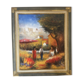 Ancien Tableau Peinture Huile Toile Paysage Paysan Travail Provence