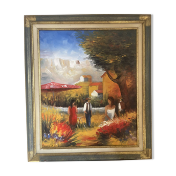 Ancien Tableau Peinture Huile Toile Paysage Paysan Travail Provence