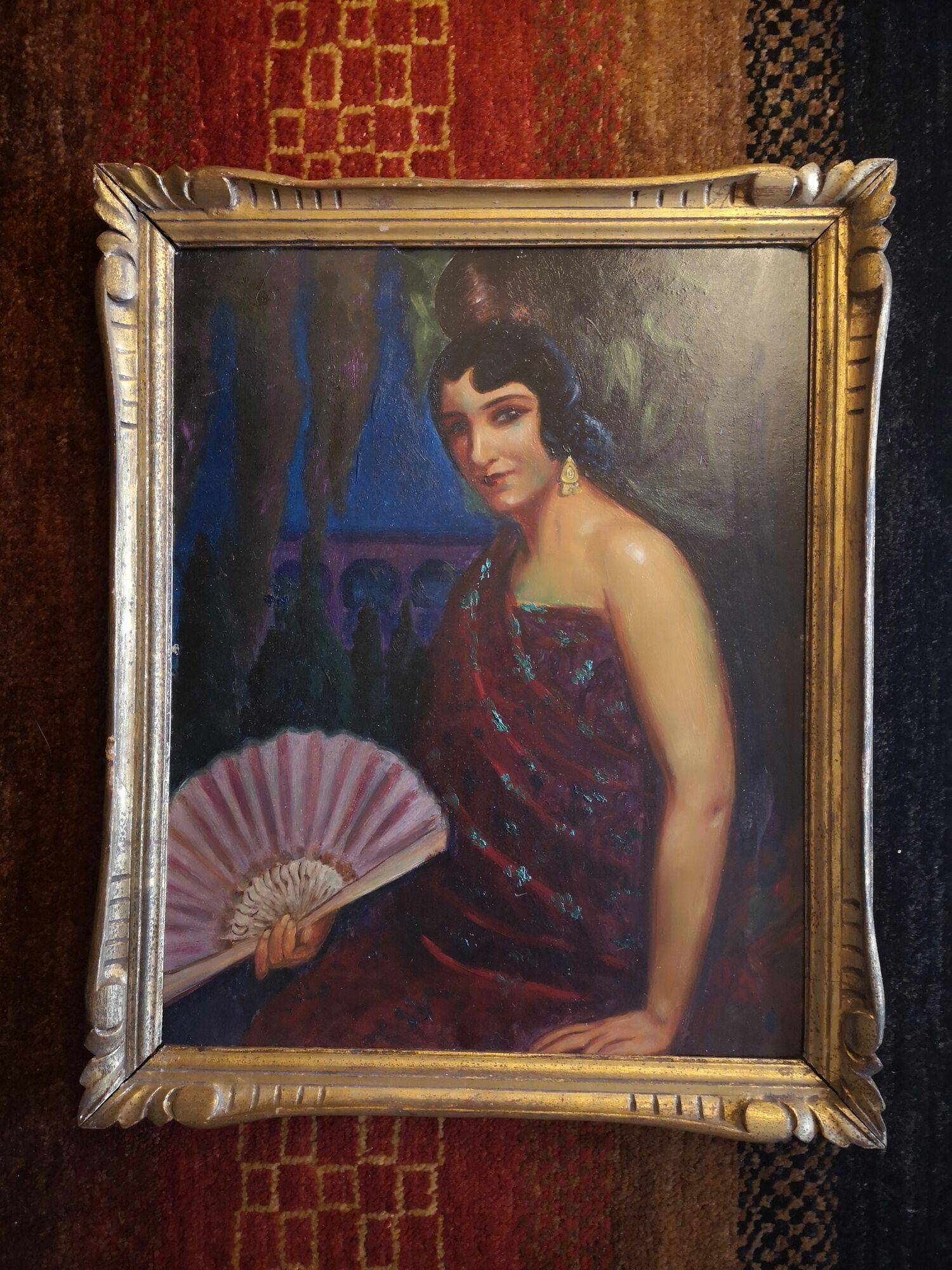 Oil on cardboard painting - Spanish with a fan - 1st half 20th