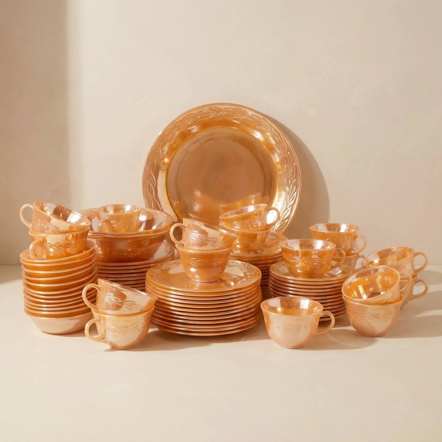 Important Fire-King Peach Lustre "Laurel Leaf" service for 12 people, Anchor Hocking, USA, 1950s.