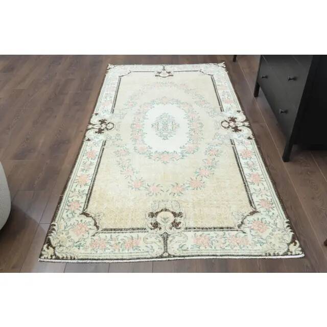 Vintage Turkish Oushak Handmade Wool Cotton Beige Area Rug 117x219