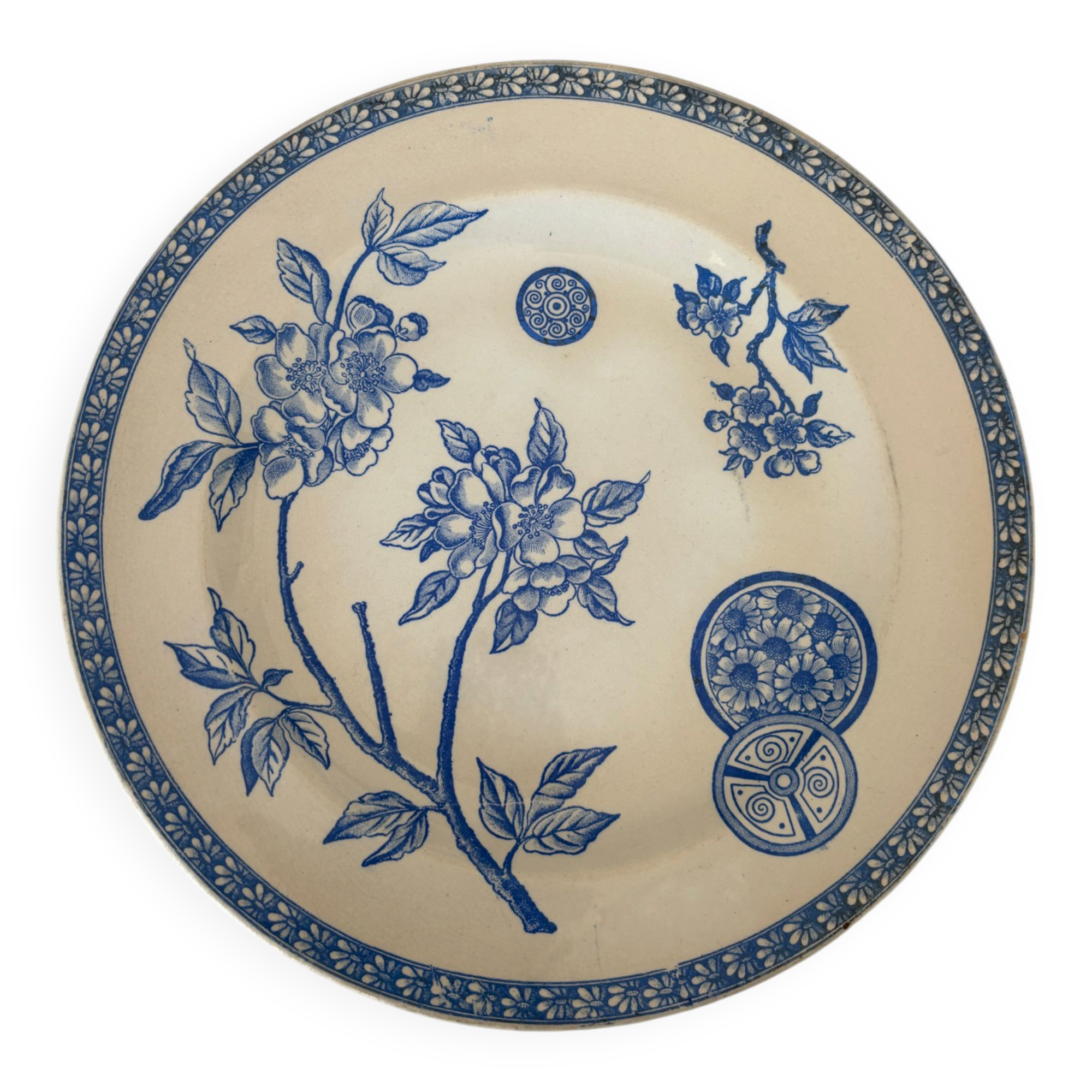 Old flat plate, light blue ironstone, daisy pattern | Fa
