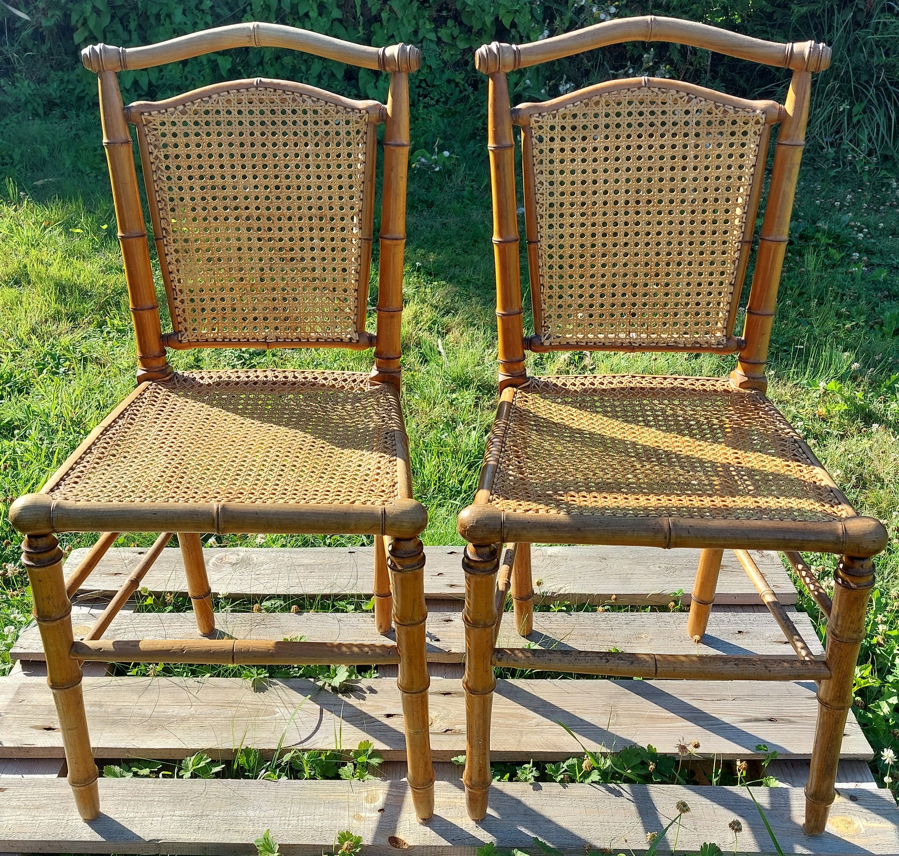Duo of wooden chairs turned bamboo style
