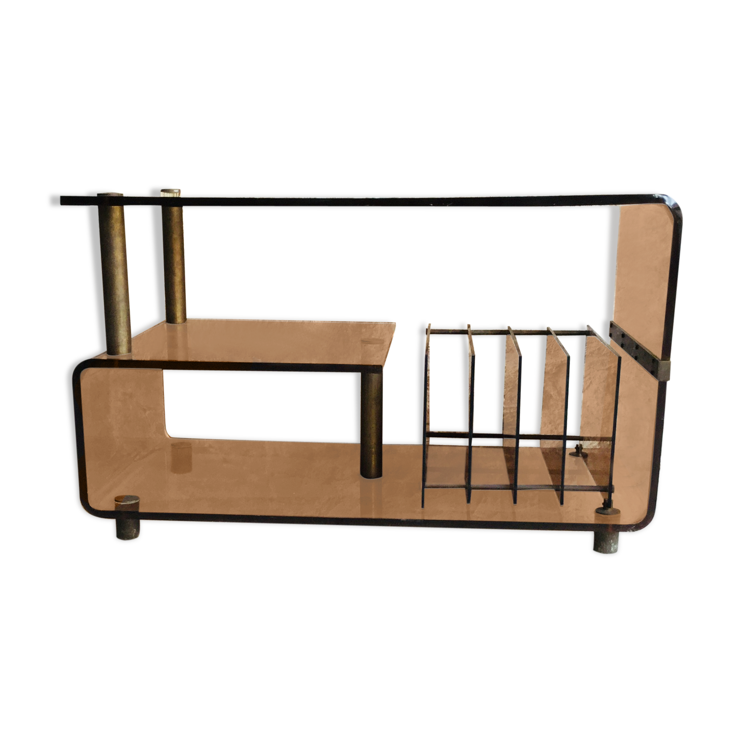 Vinyl or hifi furniture - smoked plexiglass and brass - 1970