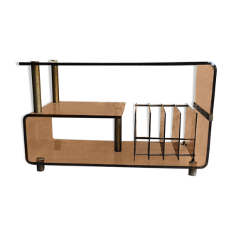 Vinyl or hifi furniture - smoked plexiglass and brass - 1970
