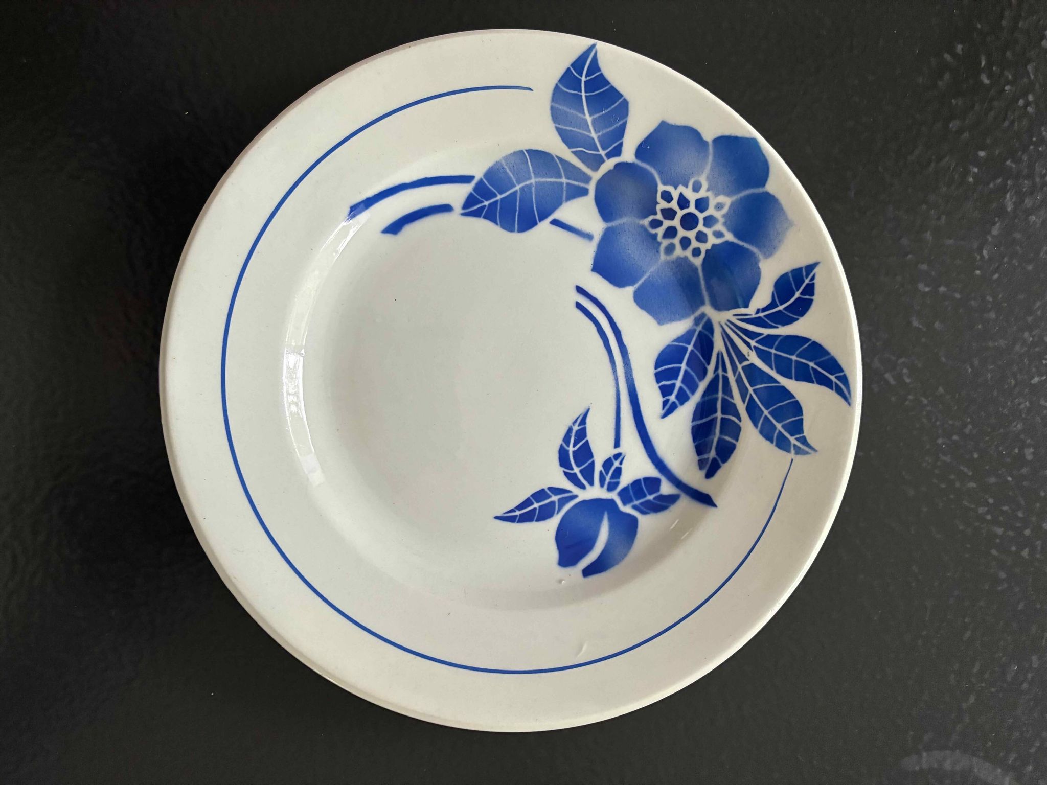 Set of 3 antique blue faience dessert plates.
