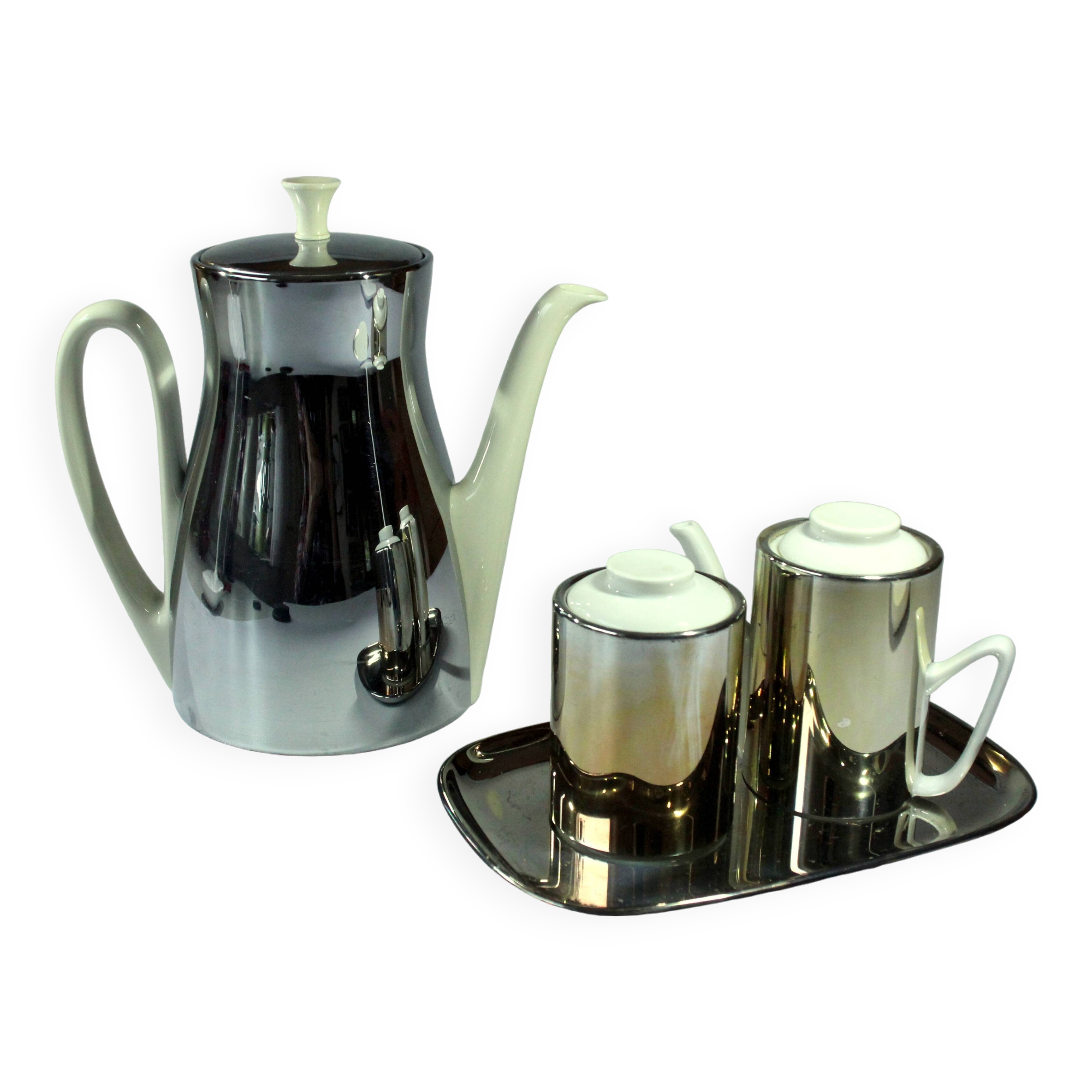 Coffee pot with metal isolated warming hood as a set with milk jug and sugar bowl, Vintage